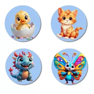 Chick, Cat, Dragon, And Butterfly. Fridge Magnets – 4 Piece Set | 3 Inch Round Wall Fridge Decor (F23089) Chick, Cat, Dragon, And Butterfly. Fridge Magnets – 4 Piece Set | 3 Inch Round Wall Fridge Decor (F23089)
