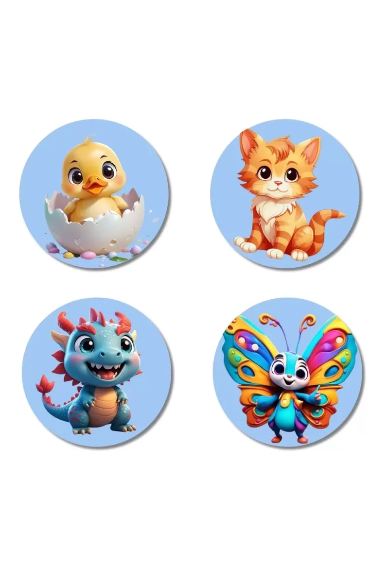 Chick, Cat, Dragon, And Butterfly. Fridge Magnets Ã¢â‚¬â€œ 4 Piece Set | 3 Inch Round Wall Fridge Decor (F23089)