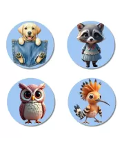 Dog, Raccoon, Owl, And Hoopoe. Fridge Magnets Ã¢â‚¬â€œ 4 Piece Set | 3 Inch Round Wall Fridge Decor (F23092)