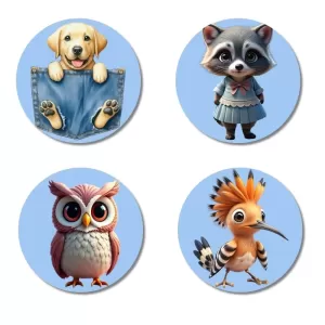 Dog, Raccoon, Owl, And Hoopoe. Fridge Magnets Ã¢â‚¬â€œ 4 Piece Set | 3 Inch Round Wall Fridge Decor (F23092)