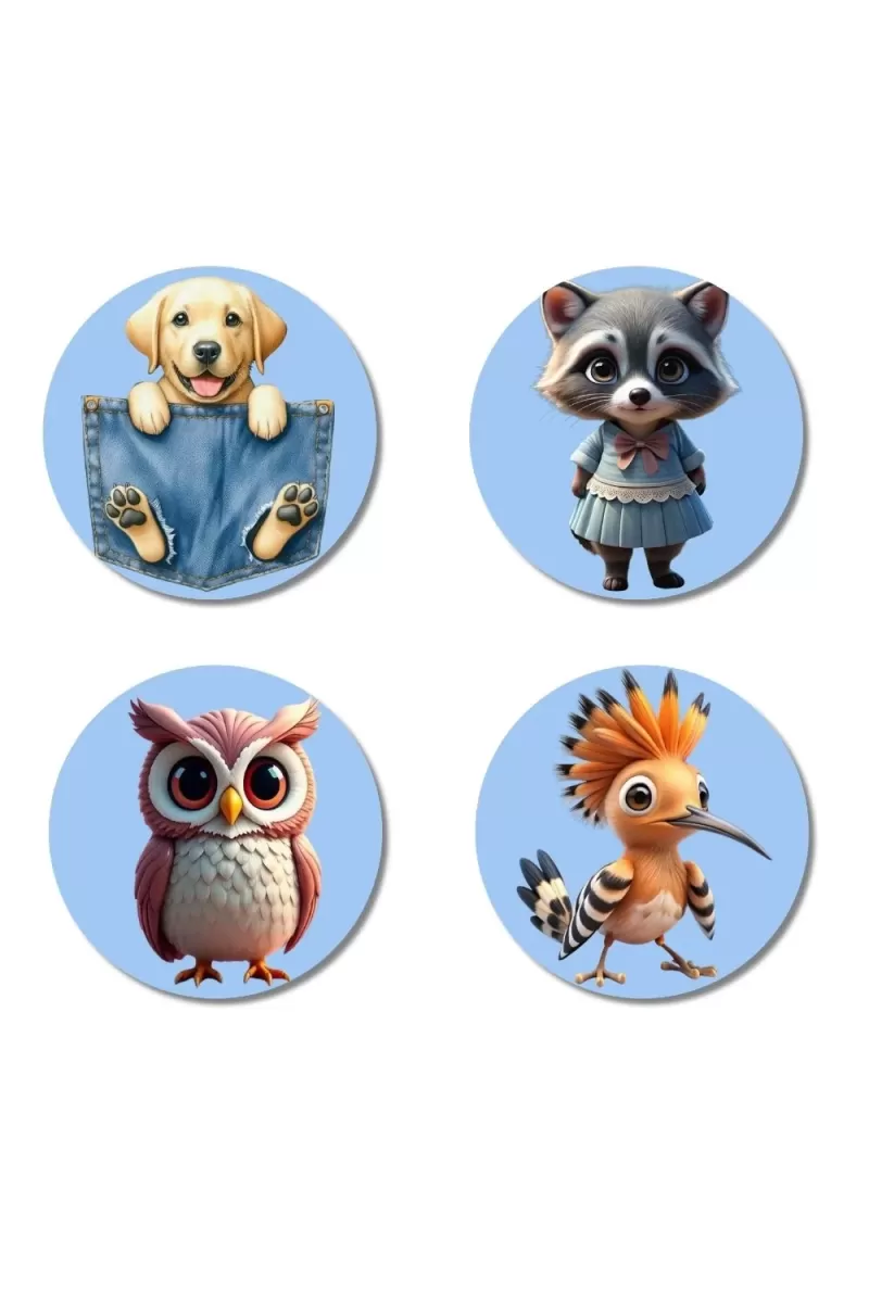 Dog, Raccoon, Owl, And Hoopoe. Fridge Magnets Ã¢â‚¬â€œ 4 Piece Set | 3 Inch Round Wall Fridge Decor (F23092)
