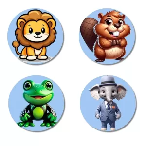 Lion, Beaver, Frog, And Elephant. Fridge Magnets – 4 Piece Set | 3 Inch Round Wall Fridge Decor (F23093) Lion, Beaver, Frog, And Elephant. Fridge Magnets – 4 Piece Set | 3 Inch Round Wall Fridge Decor (F23093)