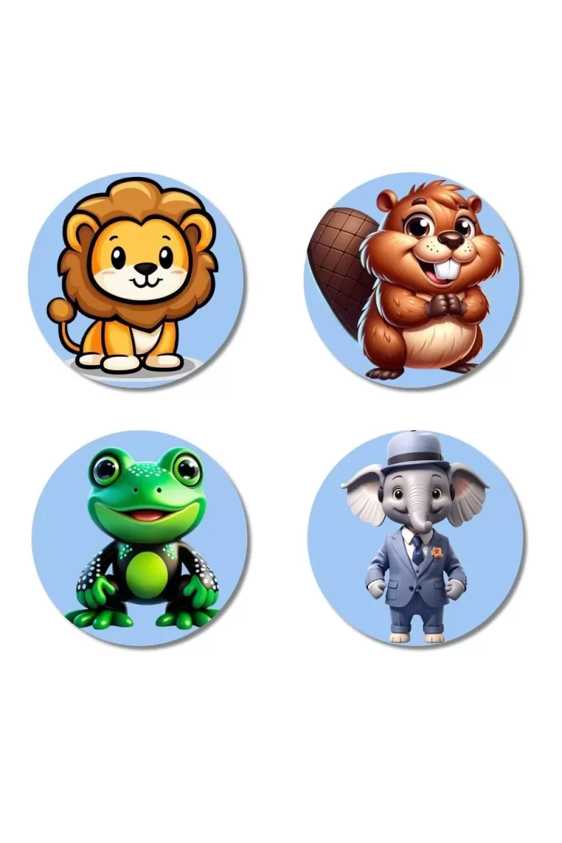 Lion, Beaver, Frog, And Elephant. Fridge Magnets Ã¢â‚¬â€œ 4 Piece Set | 3 Inch Round Wall Fridge Decor (F23093)