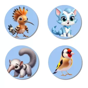 Hoopoe, Cat, Anteater, And Goldfinch. Fridge Magnets – 4 Piece Set | 3 Inch Round Wall Fridge Decor (F23094) Hoopoe, Cat, Anteater, And Goldfinch. Fridge Magnets – 4 Piece Set | 3 Inch Round Wall Fridge Decor (F23094)