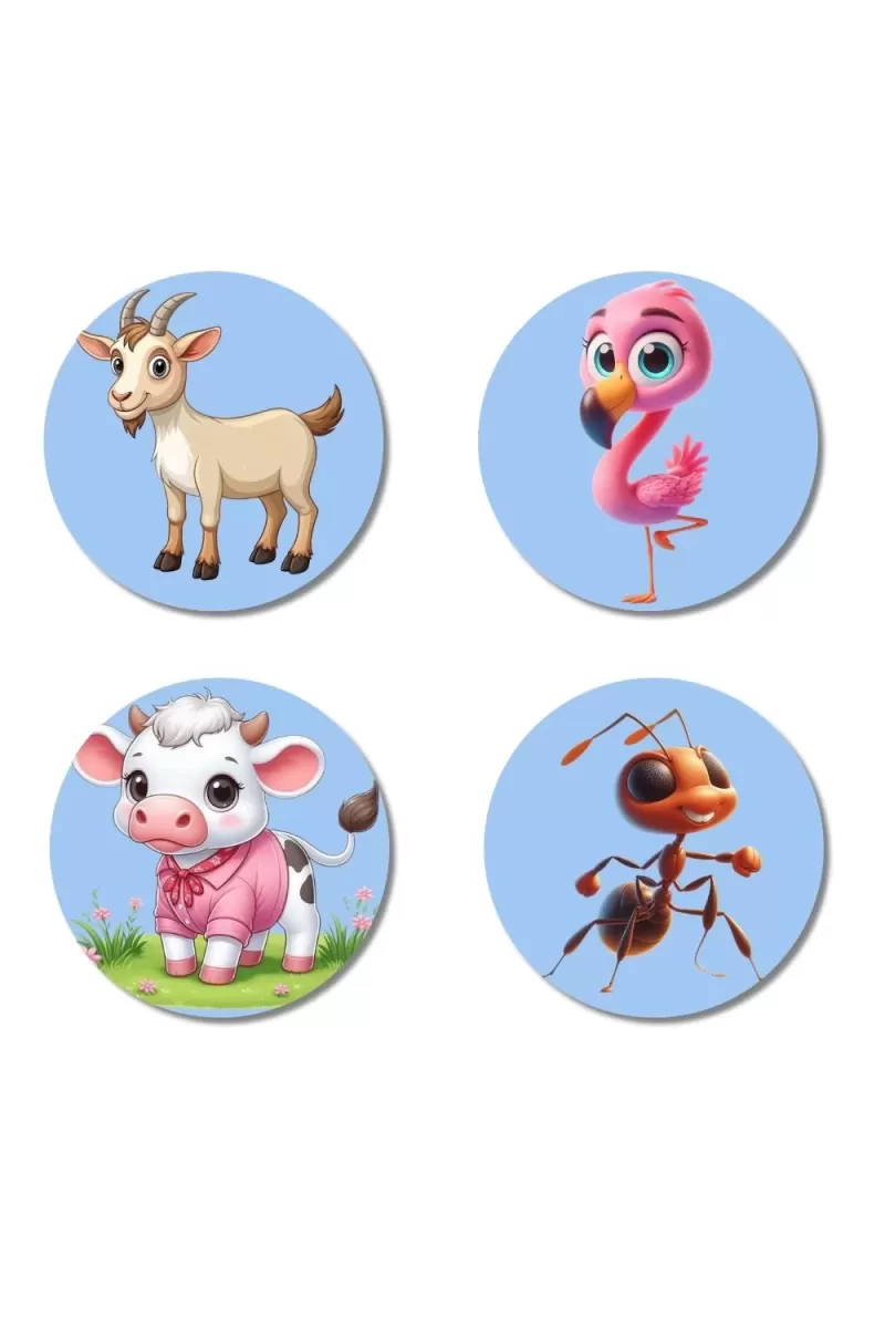 Goat, Flamingo, Cow, And Ant. Fridge Magnets Ã¢â‚¬â€œ 4 Piece Set | 3 Inch Round Wall Fridge Decor (F23095)