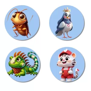Cockroach, Pigeon, Iguana, And Tiger. Fridge Magnets – 4 Piece Set | 3 Inch Round Wall Fridge Decor (F23096) Cockroach, Pigeon, Iguana, And Tiger. Fridge Magnets – 4 Piece Set | 3 Inch Round Wall Fridge Decor (F23096)