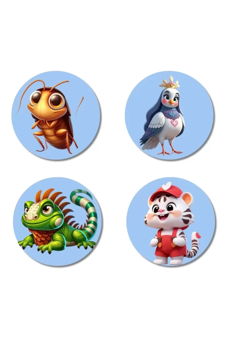 Cockroach, Pigeon, Iguana, And Tiger. Fridge Magnets Ã¢â‚¬â€œ 4 Piece Set | 3 Inch Round Wall Fridge Decor (F23096)