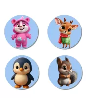 Bear, Deer, Penguin, And Squirrel. Fridge Magnets  4 Piece Set | 3 Inch Round Wall Fridge Decor (F23097)