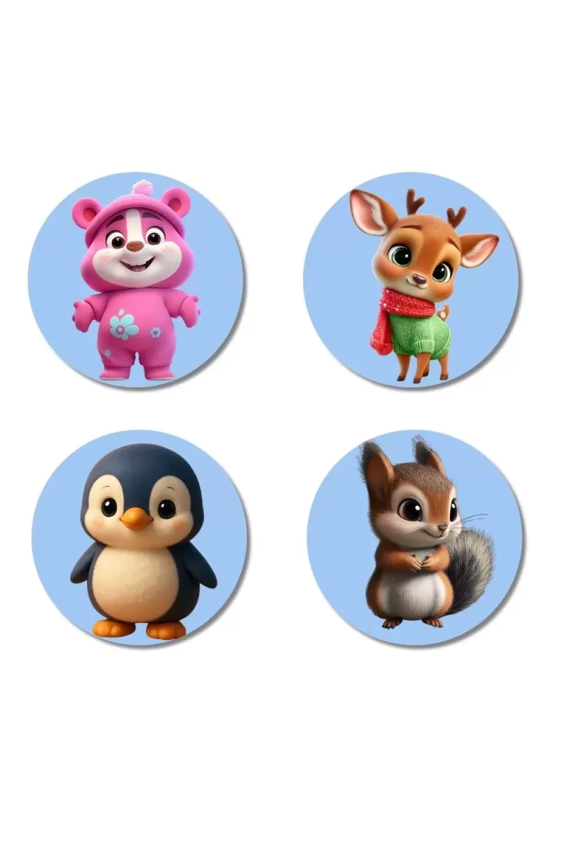 Bear, Deer, Penguin, And Squirrel. Fridge Magnets Ã¢â‚¬â€œ 4 Piece Set | 3 Inch Round Wall Fridge Decor (F23097)