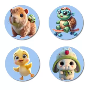 Capybara, Turtle, Chick, And Rabbit. Fridge Magnets Ã¢â‚¬â€œ 4 Piece Set | 3 Inch Round Wall Fridge Decor (F23098)