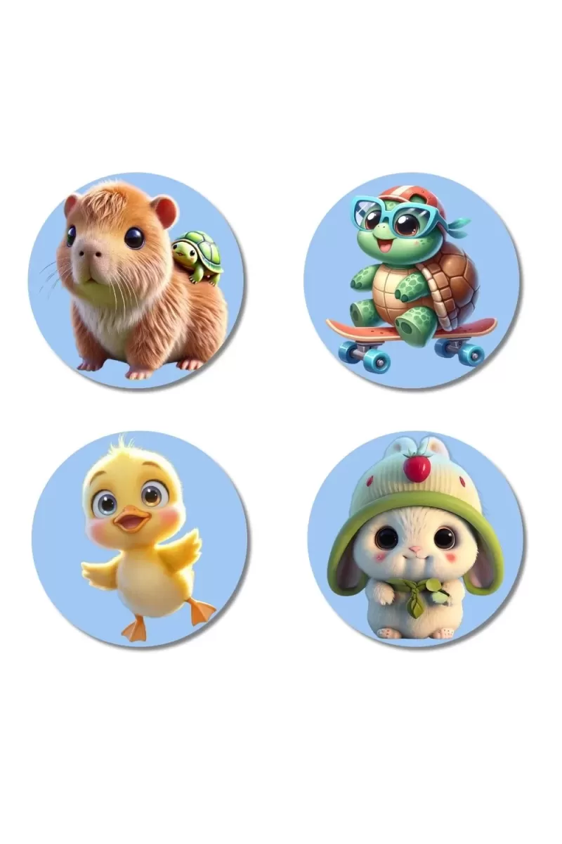 Capybara, Turtle, Chick, And Rabbit. Fridge Magnets Ã¢â‚¬â€œ 4 Piece Set | 3 Inch Round Wall Fridge Decor (F23098)