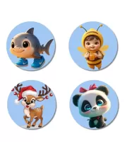 Shark, Bee, Deer, And Panda. Fridge Magnets Ã¢â‚¬â€œ 4 Piece Set | 3 Inch Round Wall Fridge Decor (F23099)