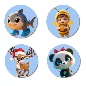 Shark, Bee, Deer, And Panda. Fridge Magnets – 4 Piece Set | 3 Inch Round Wall Fridge Decor (F23099) Shark, Bee, Deer, And Panda. Fridge Magnets – 4 Piece Set | 3 Inch Round Wall Fridge Decor (F23099)