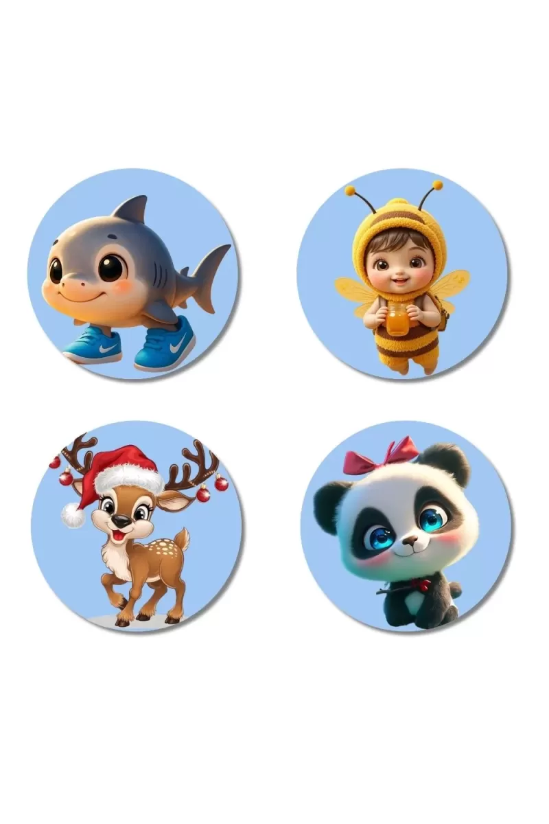 Shark, Bee, Deer, And Panda. Fridge Magnets Ã¢â‚¬â€œ 4 Piece Set | 3 Inch Round Wall Fridge Decor (F23099)
