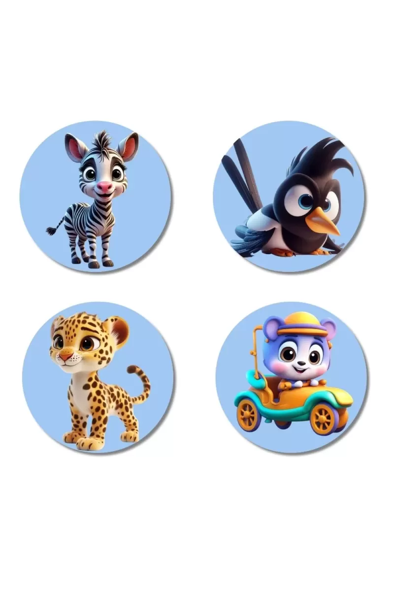 Zebra, Bird, Leopard, And Bear. Fridge Magnets Ã¢â‚¬â€œ 4 Piece Set | 3 Inch Round Wall Fridge Decor (F23100)