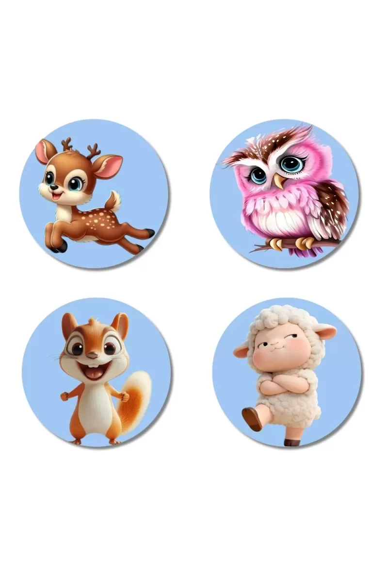 Deer, Owl, Squirrel, And Sheep. Fridge Magnets Ã¢â‚¬â€œ 4 Piece Set | 3 Inch Round Wall Fridge Decor (F23101)