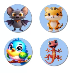 Bat, Tiger, Bird, And Lizard. Fridge Magnets Ã¢â‚¬â€œ 4 Piece Set | 3 Inch Round Wall Fridge Decor (F23102)