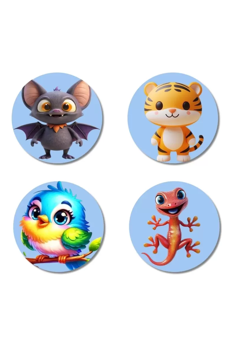 Bat, Tiger, Bird, And Lizard. Fridge Magnets Ã¢â‚¬â€œ 4 Piece Set | 3 Inch Round Wall Fridge Decor (F23102)