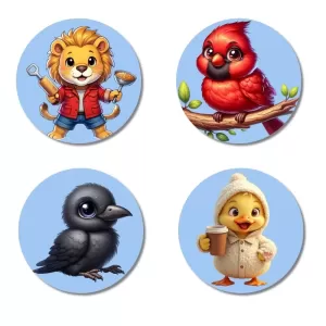 Lion, Cardinal, Crow, And Chick. Fridge Magnets – 4 Piece Set | 3 Inch Round Wall Fridge Decor (F23104) Lion, Cardinal, Crow, And Chick. Fridge Magnets – 4 Piece Set | 3 Inch Round Wall Fridge Decor (F23104)