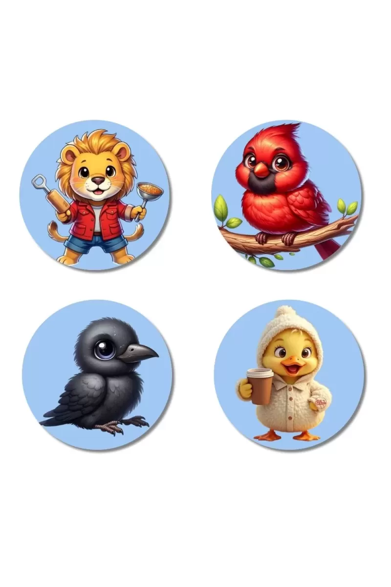 Lion, Cardinal, Crow, And Chick. Fridge Magnets Ã¢â‚¬â€œ 4 Piece Set | 3 Inch Round Wall Fridge Decor (F23104)
