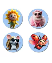 Sun, Pig, Mouse, And Ladybug. Fridge Magnets Ã¢â‚¬â€œ 4 Piece Set | 3 Inch Round Wall Fridge Decor (F23106)