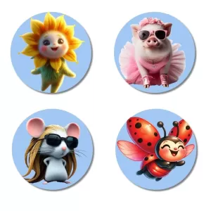Sun, Pig, Mouse, And Ladybug. Fridge Magnets Ã¢â‚¬â€œ 4 Piece Set | 3 Inch Round Wall Fridge Decor (F23106)
