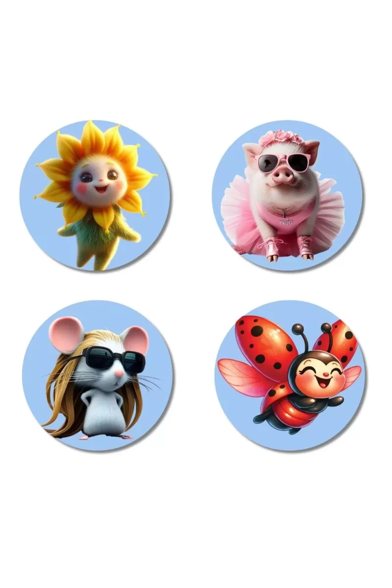 Sun, Pig, Mouse, And Ladybug. Fridge Magnets Ã¢â‚¬â€œ 4 Piece Set | 3 Inch Round Wall Fridge Decor (F23106)