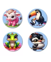 Cow, Toucan, Frog, And Bird. Fridge Magnets Ã¢â‚¬â€œ 4 Piece Set | 3 Inch Round Wall Fridge Decor (F23107)
