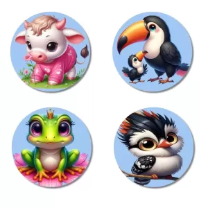 Cow, Toucan, Frog, And Bird. Fridge Magnets – 4 Piece Set | 3 Inch Round Wall Fridge Decor (F23107) Cow, Toucan, Frog, And Bird. Fridge Magnets – 4 Piece Set | 3 Inch Round Wall Fridge Decor (F23107)