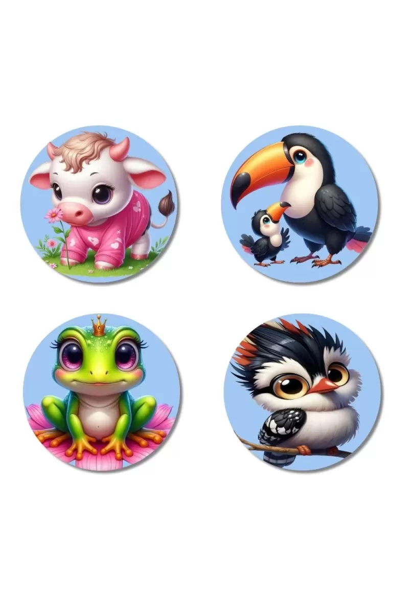 Cow, Toucan, Frog, And Bird. Fridge Magnets Ã¢â‚¬â€œ 4 Piece Set | 3 Inch Round Wall Fridge Decor (F23107)