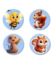 Bee, Squirrel, Seal, And Squirrel. Fridge Magnets  4 Piece Set | 3 Inch Round Wall Fridge Decor (F23108)