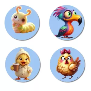 Caterpillar, Bird, Chick, And Chicken. Fridge Magnets Ã¢â‚¬â€œ 4 Piece Set | 3 Inch Round Wall Fridge Decor (F23110)