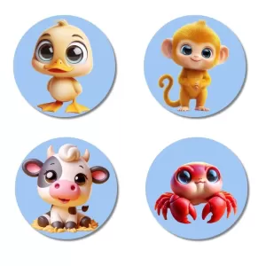 Duck, Monkey, Cow, And Crab. Fridge Magnets Ã¢â‚¬â€œ 4 Piece Set | 3 Inch Round Wall Fridge Decor (F23131)