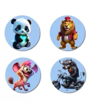 Panda, Lion, Hyena, And Bull. Fridge Magnets Ã¢â‚¬â€œ 4 Piece Set | 3 Inch Round Wall Fridge Decor (F23132)