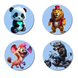 Panda, Lion, Hyena, And Bull. Fridge Magnets Ã¢â‚¬â€œ 4 Piece Set | 3 Inch Round Wall Fridge Decor (F23132)