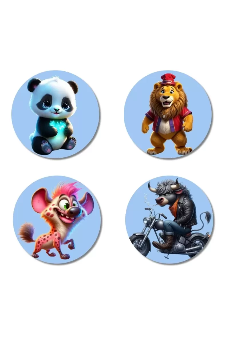 Panda, Lion, Hyena, And Bull. Fridge Magnets Ã¢â‚¬â€œ 4 Piece Set | 3 Inch Round Wall Fridge Decor (F23132)