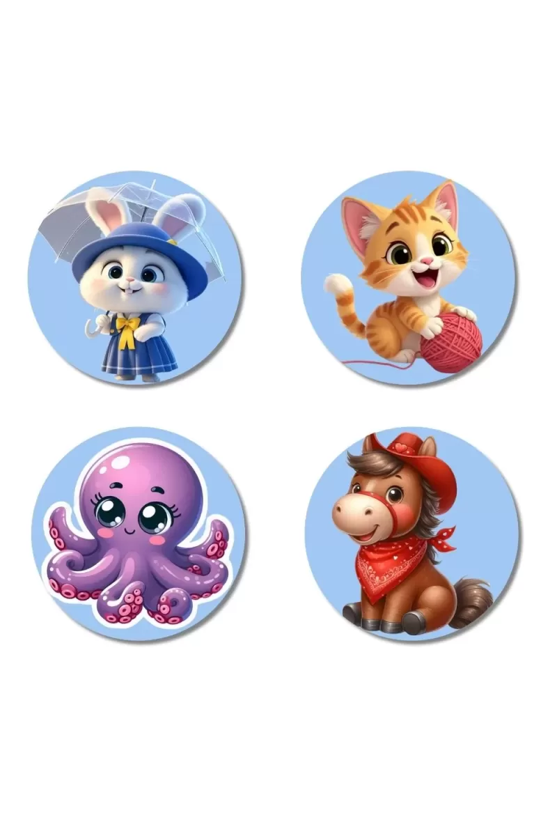 Rabbit, Cat, Octopus, And Horse. Fridge Magnets Ã¢â‚¬â€œ 4 Piece Set | 3 Inch Round Wall Fridge Decor (F23133)