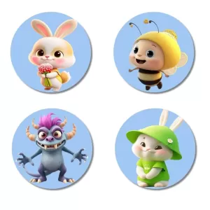 Rabbit, Bee, Monster, And Rabbit. Fridge Magnets Ã¢â‚¬â€œ 4 Piece Set | 3 Inch Round Wall Fridge Decor (F23134)