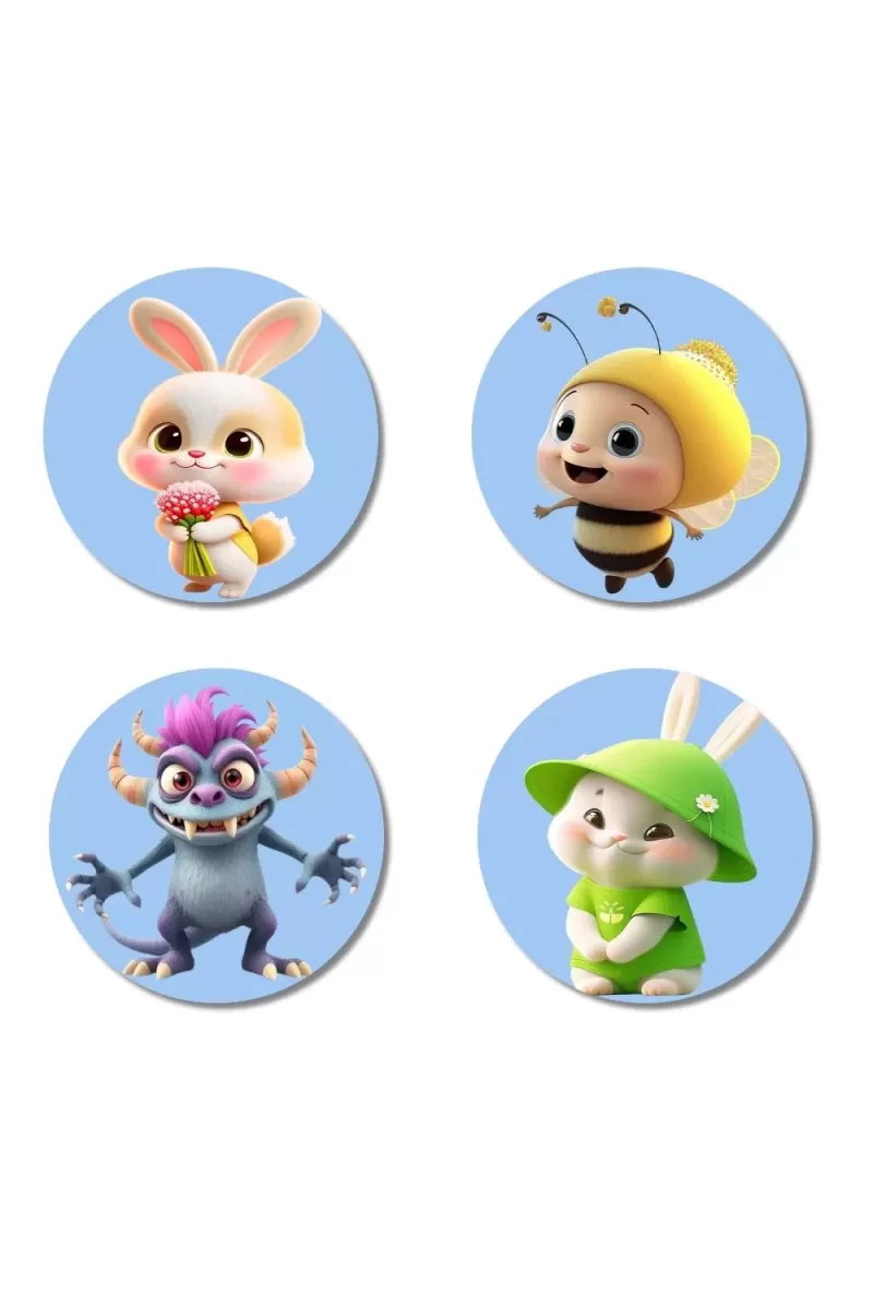 Rabbit, Bee, Monster, And Rabbit. Fridge Magnets Ã¢â‚¬â€œ 4 Piece Set | 3 Inch Round Wall Fridge Decor (F23134)