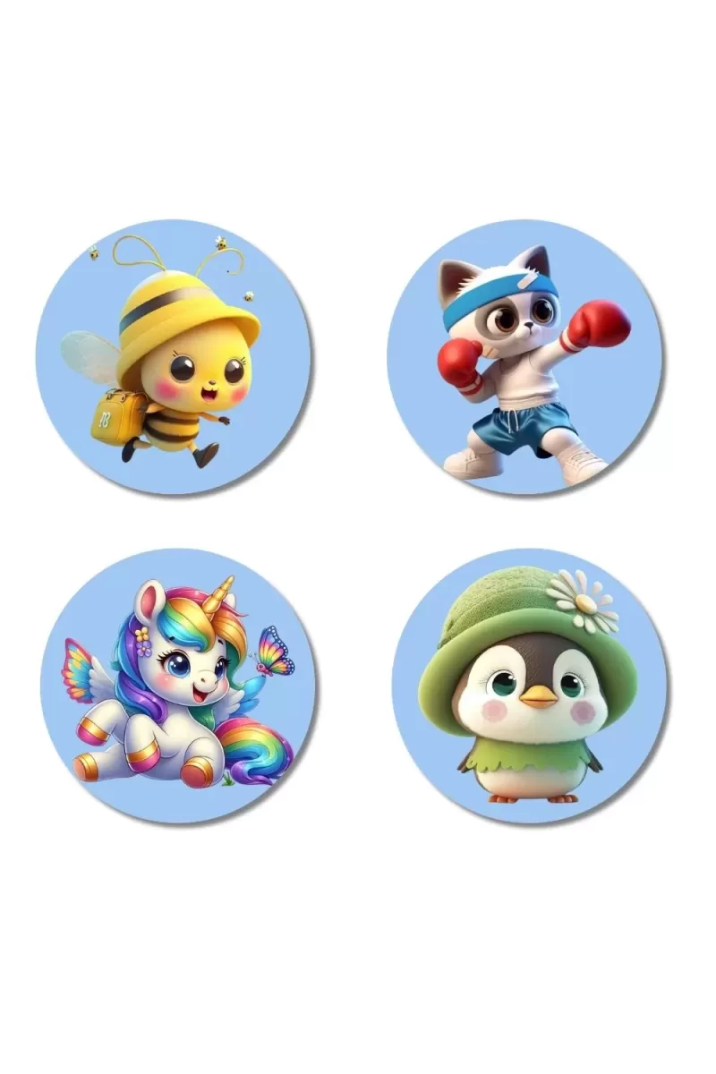 Bee, Cat, Unicorn, And Penguin. Fridge Magnets Ã¢â‚¬â€œ 4 Piece Set | 3 Inch Round Wall Fridge Decor (F23135)