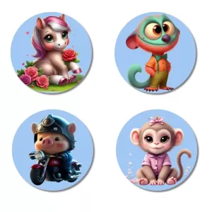 Unicorn, Monkey, Pig, And Monkey. Fridge Magnets – 4 Piece Set | 3 Inch Round Wall Fridge Decor (F23136) Unicorn, Monkey, Pig, And Monkey. Fridge Magnets – 4 Piece Set | 3 Inch Round Wall Fridge Decor (F23136)