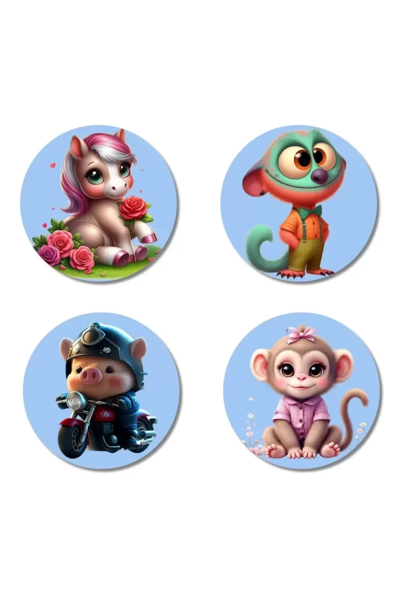Unicorn, Monkey, Pig, And Monkey. Fridge Magnets Ã¢â‚¬â€œ 4 Piece Set | 3 Inch Round Wall Fridge Decor (F23136)