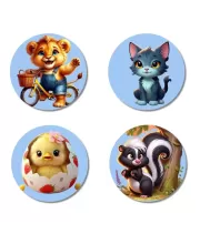 Lion, Cat, Chick, And Skunk. Fridge Magnets Ã¢â‚¬â€œ 4 Piece Set | 3 Inch Round Wall Fridge Decor (F23137)