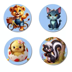 Lion, Cat, Chick, And Skunk. Fridge Magnets – 4 Piece Set | 3 Inch Round Wall Fridge Decor (F23137) Lion, Cat, Chick, And Skunk. Fridge Magnets – 4 Piece Set | 3 Inch Round Wall Fridge Decor (F23137)