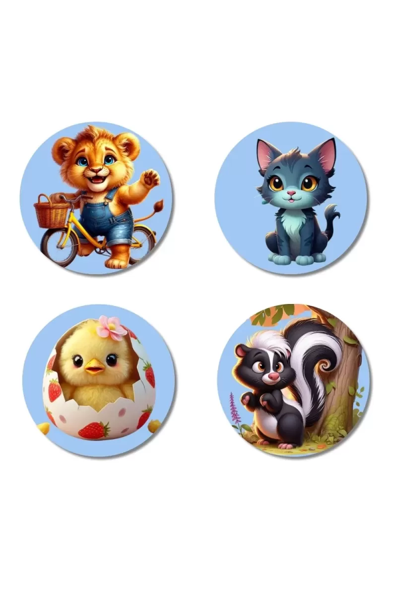 Lion, Cat, Chick, And Skunk. Fridge Magnets Ã¢â‚¬â€œ 4 Piece Set | 3 Inch Round Wall Fridge Decor (F23137)