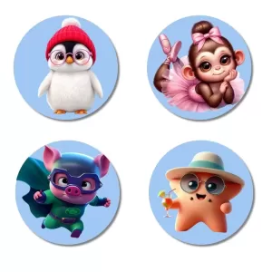 Penguin, Monkey, Pig, And Starfish. Fridge Magnets Ã¢â‚¬â€œ 4 Piece Set | 3 Inch Round Wall Fridge Decor (F23138)