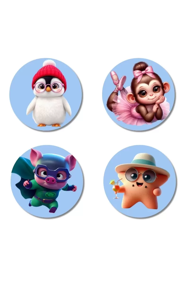 Penguin, Monkey, Pig, And Starfish. Fridge Magnets Ã¢â‚¬â€œ 4 Piece Set | 3 Inch Round Wall Fridge Decor (F23138)