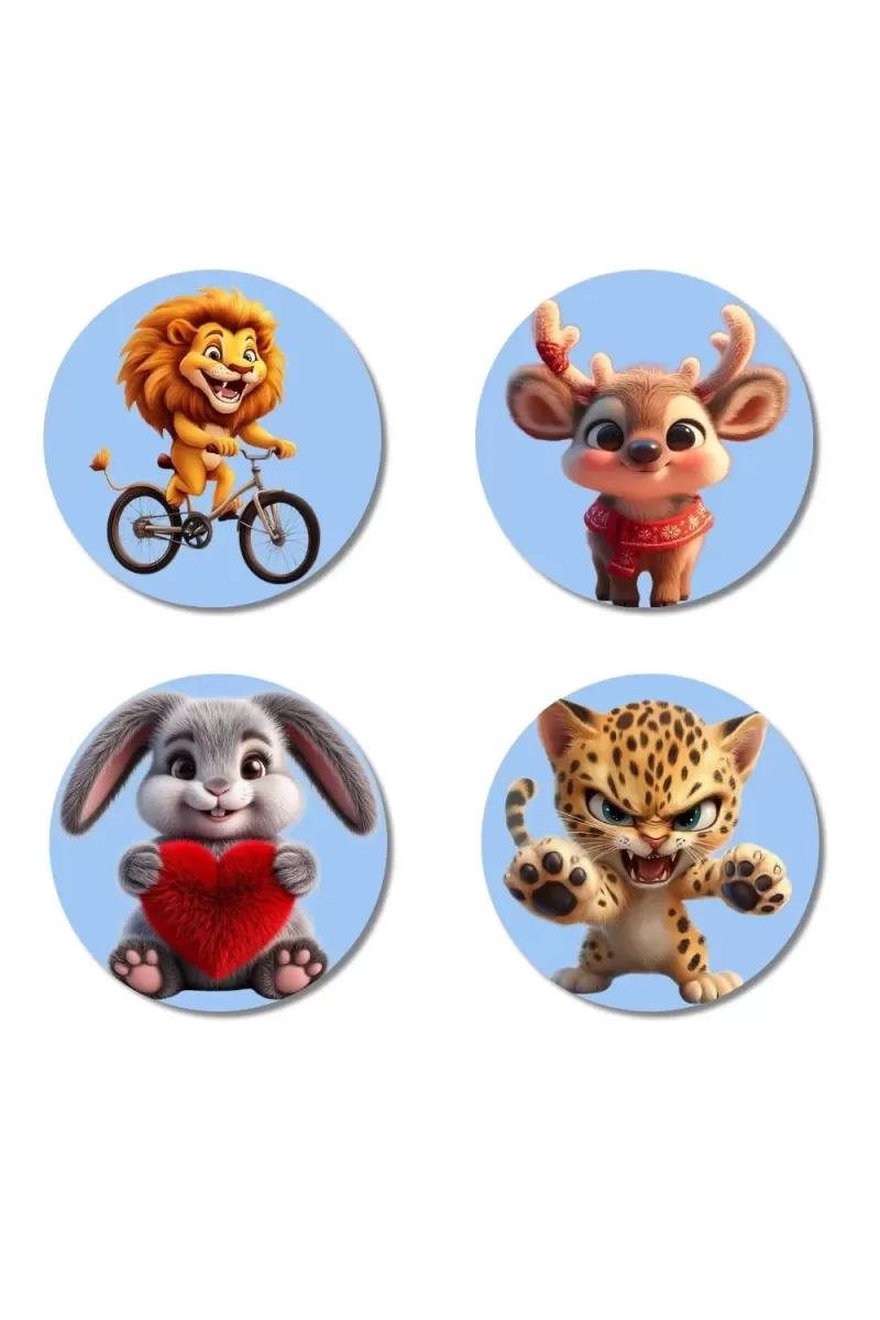 Lion, Deer, Rabbit, And Leopard. Fridge Magnets Ã¢â‚¬â€œ 4 Piece Set | 3 Inch Round Wall Fridge Decor (F23139)