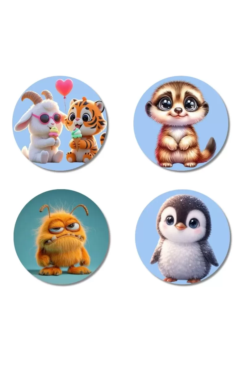 Goat And Tiger, Meerkat, Monster, And Penguin. Fridge Magnets Ã¢â‚¬â€œ 4 Piece Set | 3 Inch Round Wall Fridge Decor (F23140)