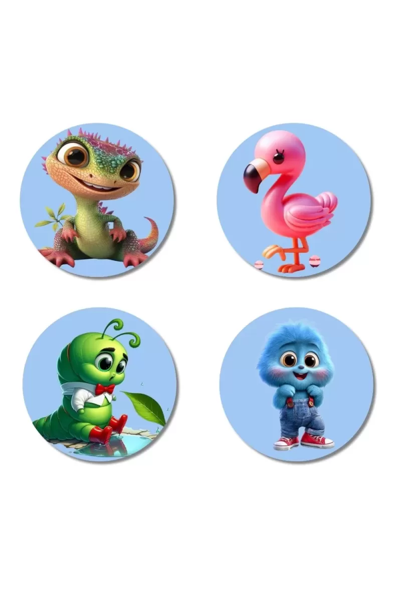 Lizard, Flamingo, Caterpillar, And Rabbit. Fridge Magnets Ã¢â‚¬â€œ 4 Piece Set | 3 Inch Round Wall Fridge Decor (F23141)